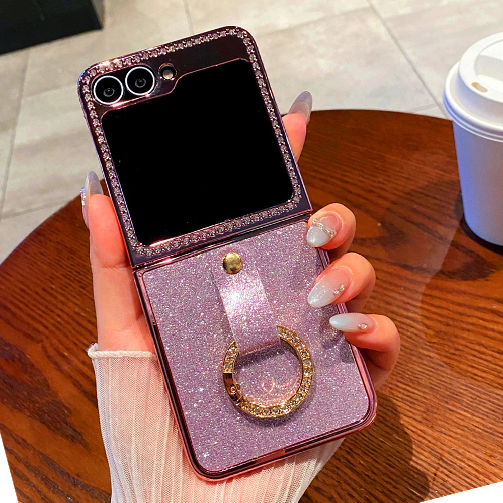 

Luxury Glitter Gold Cover Women Diamond Ring Leather Phone Case for Samsung Galaxy Z Flip 7 Flip 4 Z Flip 6 Z Flip 5 Z Flip 3