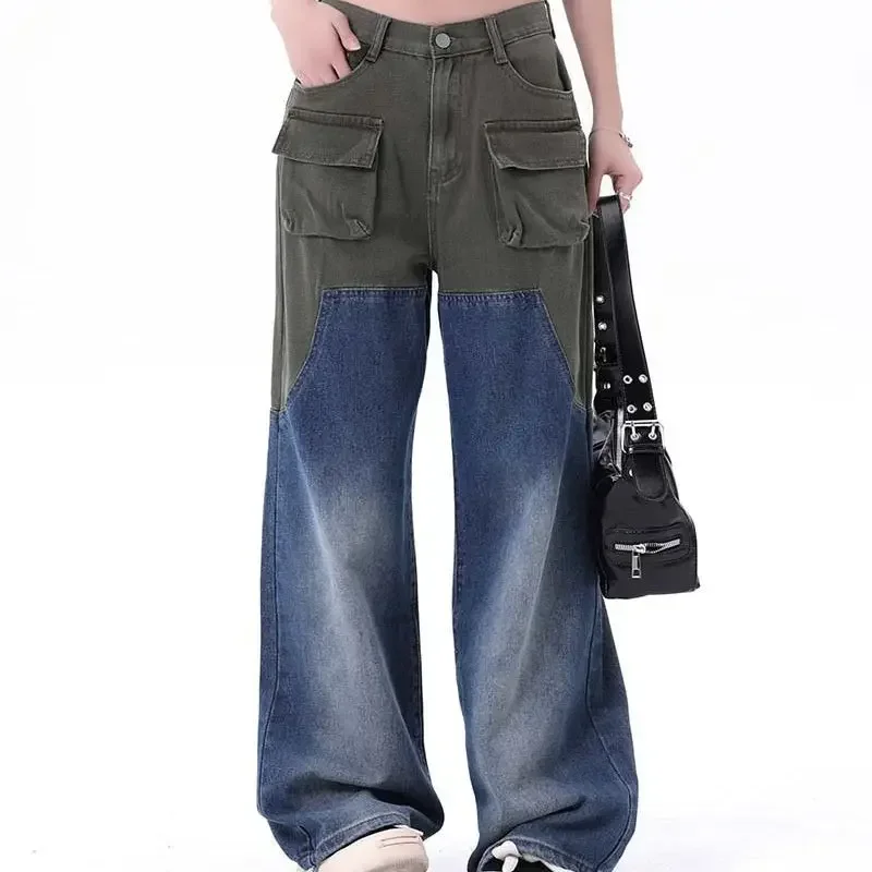 Fashion High Street Patched Jeans Pants Streetwear Harajuku Hip Hop Denim Trousers With Pockets Loose Fit Y2K Bottoms