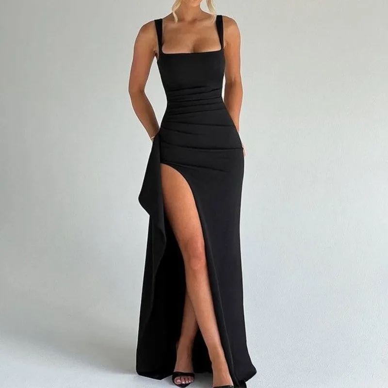 

Deeptown Elegant Sexy Slit Ruched Dresses Black Red Bodycon Maxi Dress Women Summer Evening Party Sleeveless Dresses Backless