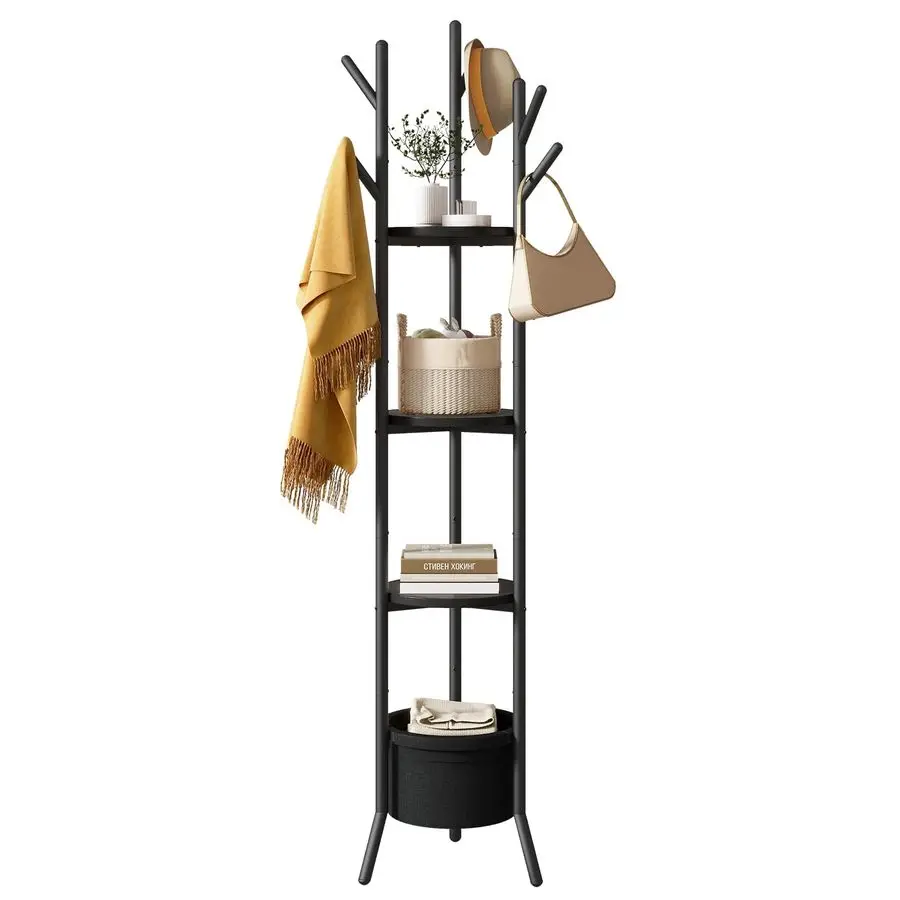 

Вешалка для одежды, отдельно стоящая вешалка для одежды с полками для хранения, деревьями для прихожей с 3 деревянными полками и 1 корзиной для ткани, металлическая одежда St