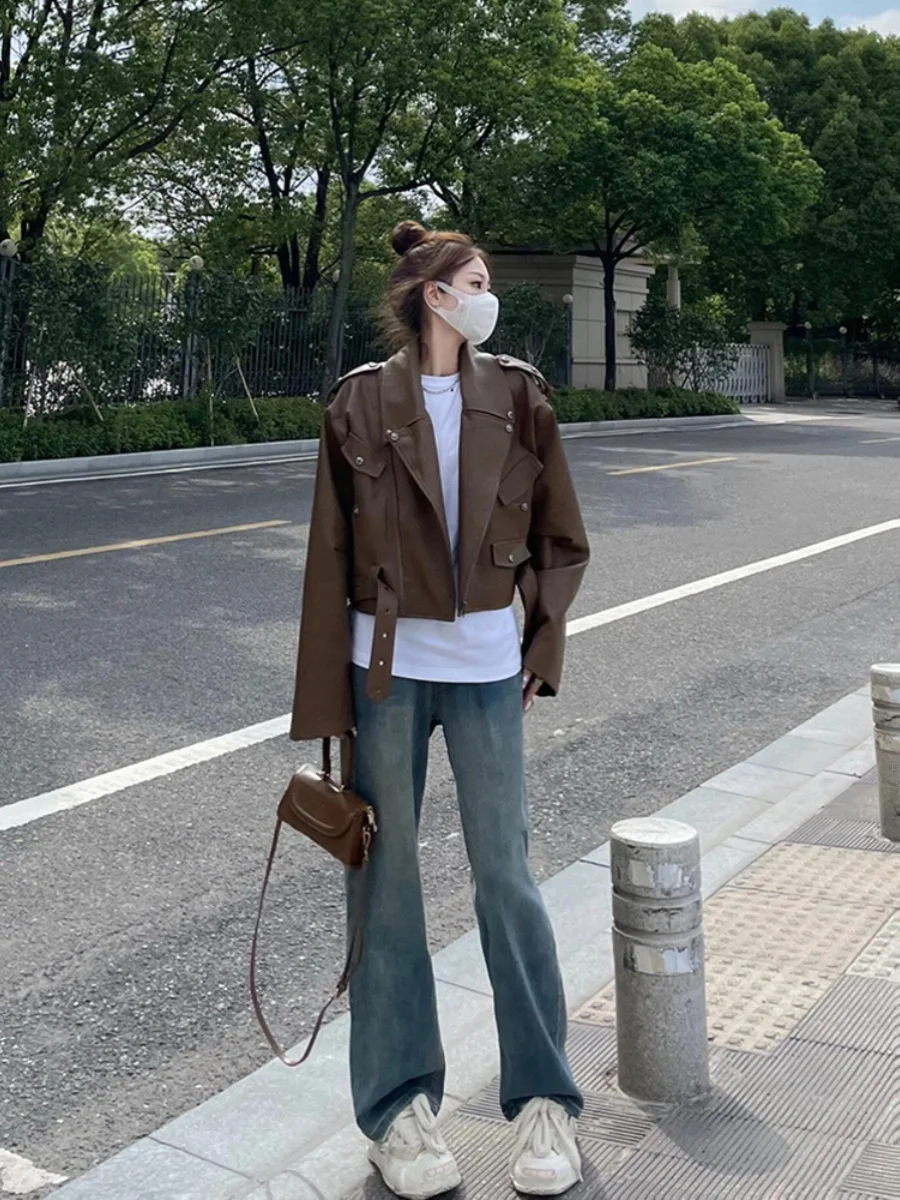 เสื้อแจ็คเก็ตหนัง PU สีน้ำตาล คอปก ทรงหลวม สำหรับผู้หญิง สไตล์ลำลอง ใส่ทำงาน แบรนด์ PmORh สำหรับเด็กอายุ 8-24 ปี