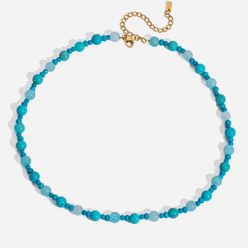 

Minar Classic Blue Turquoise Natural Stone Beads Strand Beaded Necklace for Women Titanium Steel 18K Gold PVD Plated Chokers