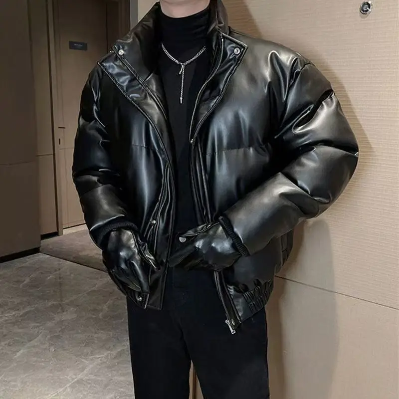 

Зимняя новая хлопковая куртка из искусственной кожи, мужская высококачественная корейская версия, однотонная, с воротником-стойкой, крутая повседневная кожаная хлопковая куртка