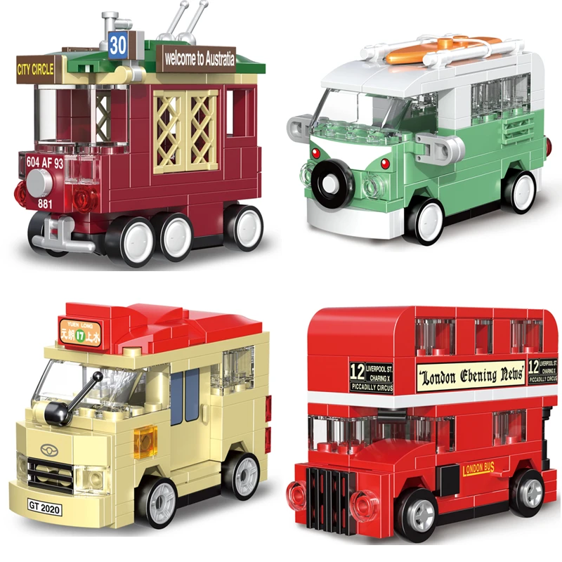 Pull Back Fire Fighting Truck City Police Taxi Bus Cooper Panzer Vehicle Bricks Building Blocks Toys For Children Boys Gifts