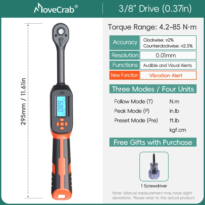 MOVECRAB Serie Digitale Momentsleutel 1,5-340N.m 2% Nauwkeurigheid Voorgeprogrammeerde Waarden met Zoemer, LED-flits & Trillingsmelding op de handgreep
