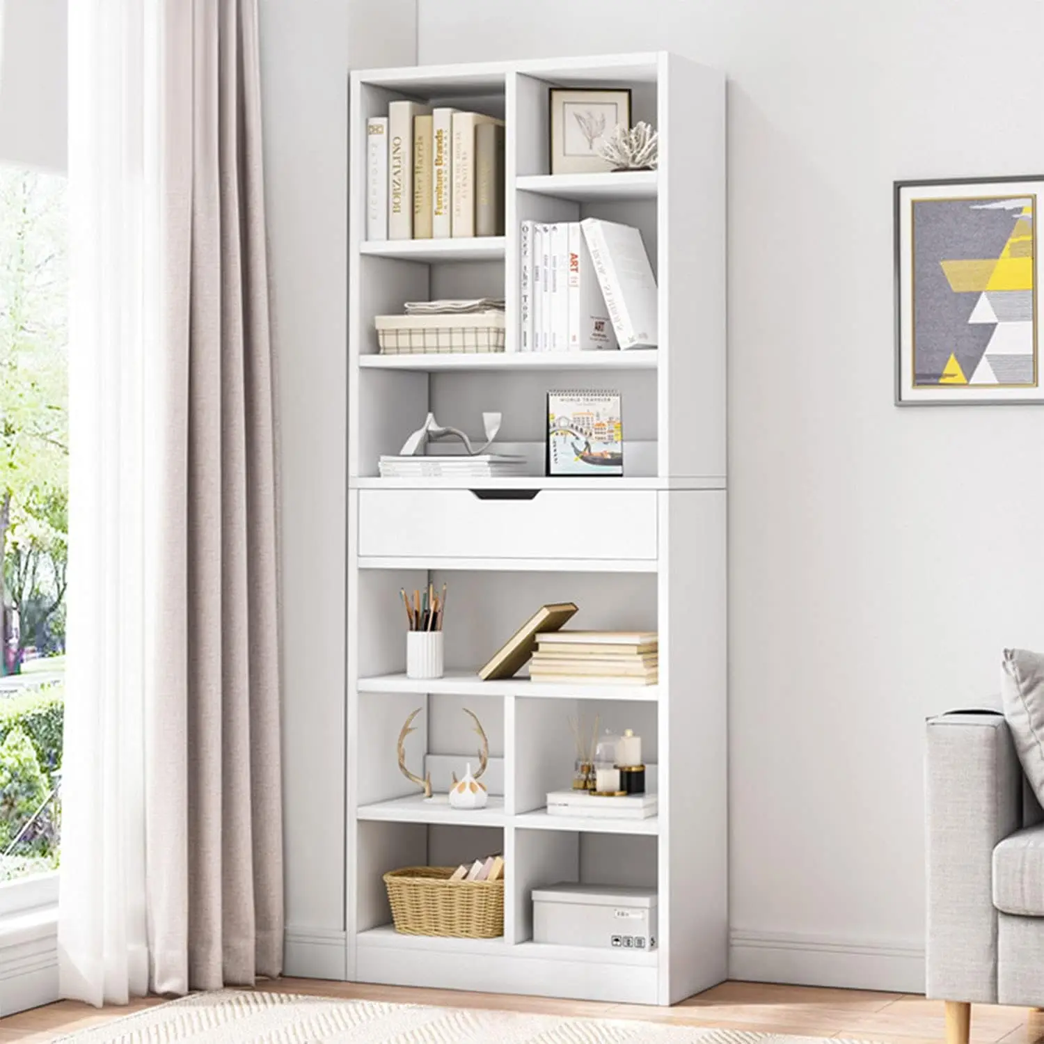 Iotxy Holz Bücherregal mit offenem Regal-71 Zoll hoch freistehende Vitrine Organizer mit 10 Würfeln und einer Schublade