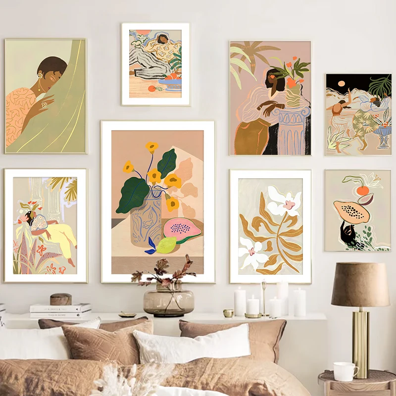 

Colourful Abstract Lazy Girl Art Poster Flower Lemon Fruit Canvas Painting Scandinavian Modern Minimalist Home Decor Wall Art