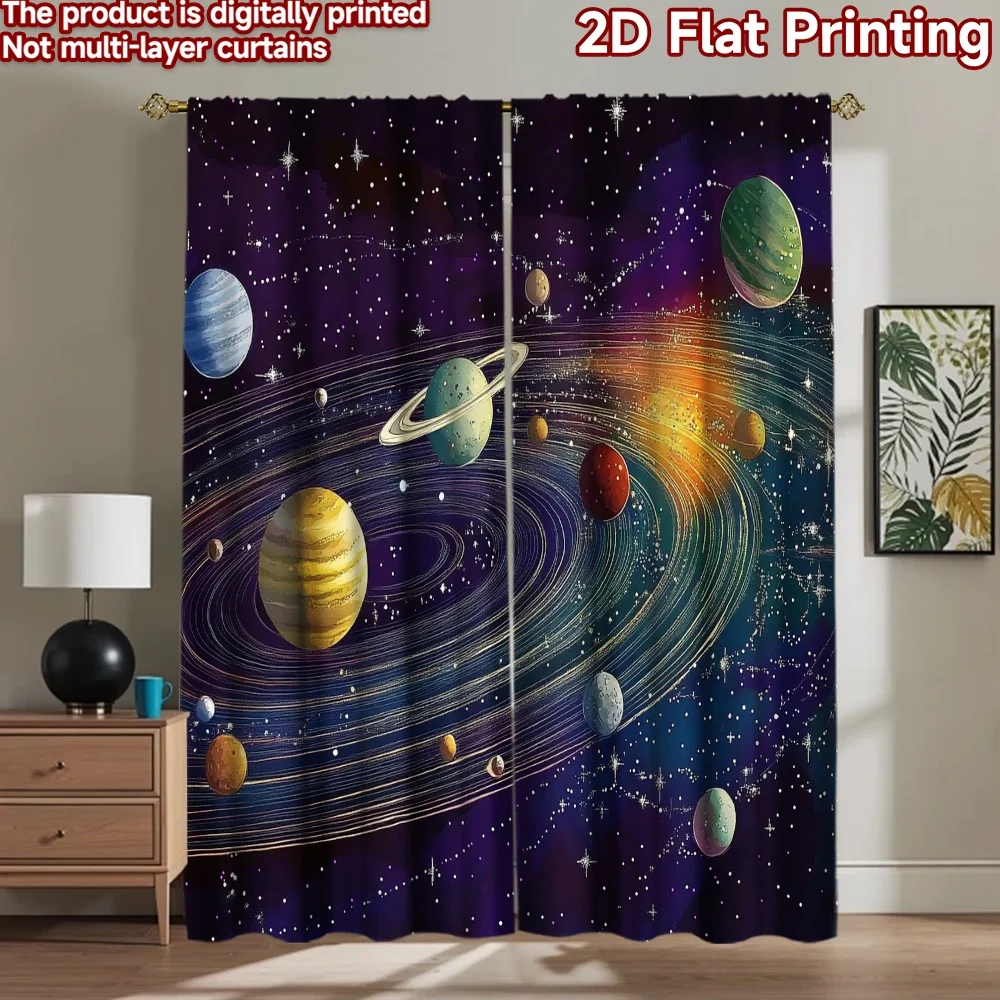 2D flat 2pcs Curtain Retro Country Style Colorful Solar System Digitally printed polyester Birthday Party Use for Holiday