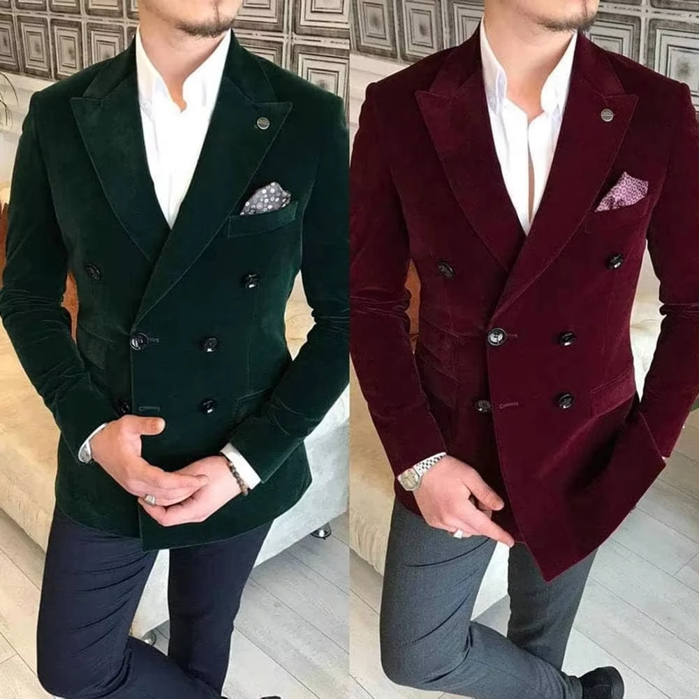 Slim Fit Velvet Suits for Men 2024 Peak Lapel Double Breasted Blazer Customized Wedding Party Formal Occasion Groom Plus Size