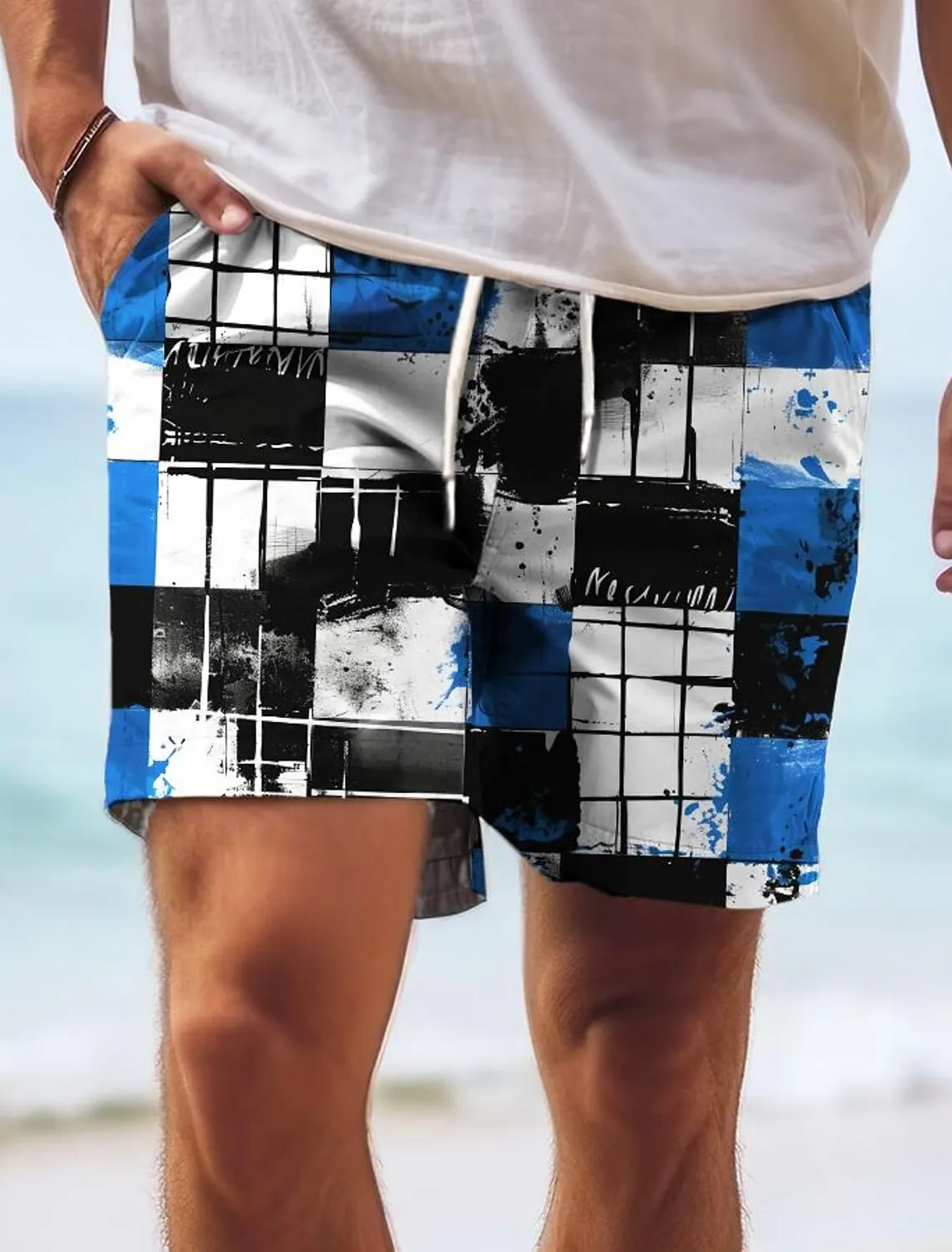 

2024 Men's Square Plaid 3D Printed Shorts Men's Summer Breathable Vintage Shorts Fitness Street Shorts Men's Ropa Hombre