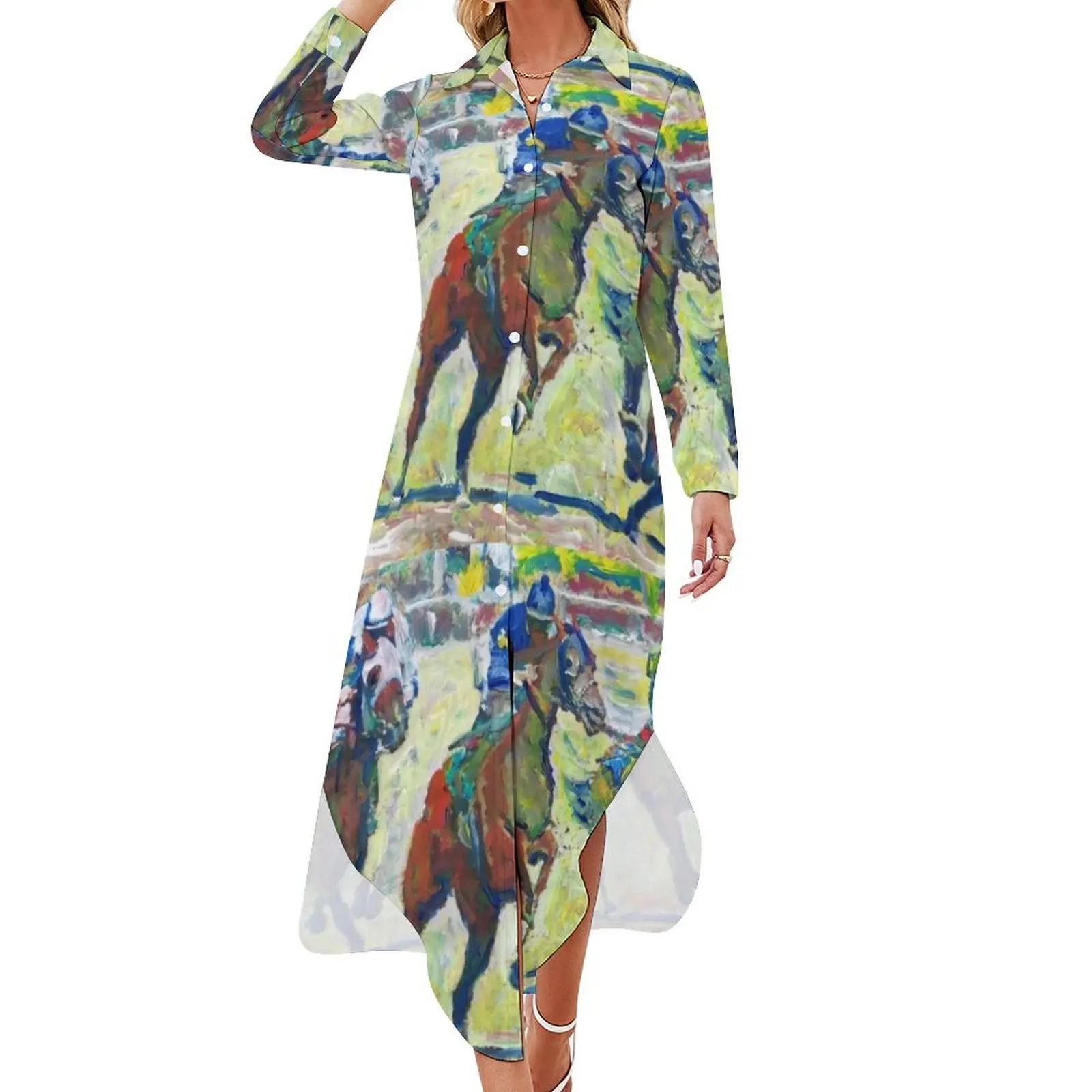 

At The Horse Races, Horse Picture Long Sleeved Shirt Dress clothes elegant party dresses for women 2024 prom dresses 2024