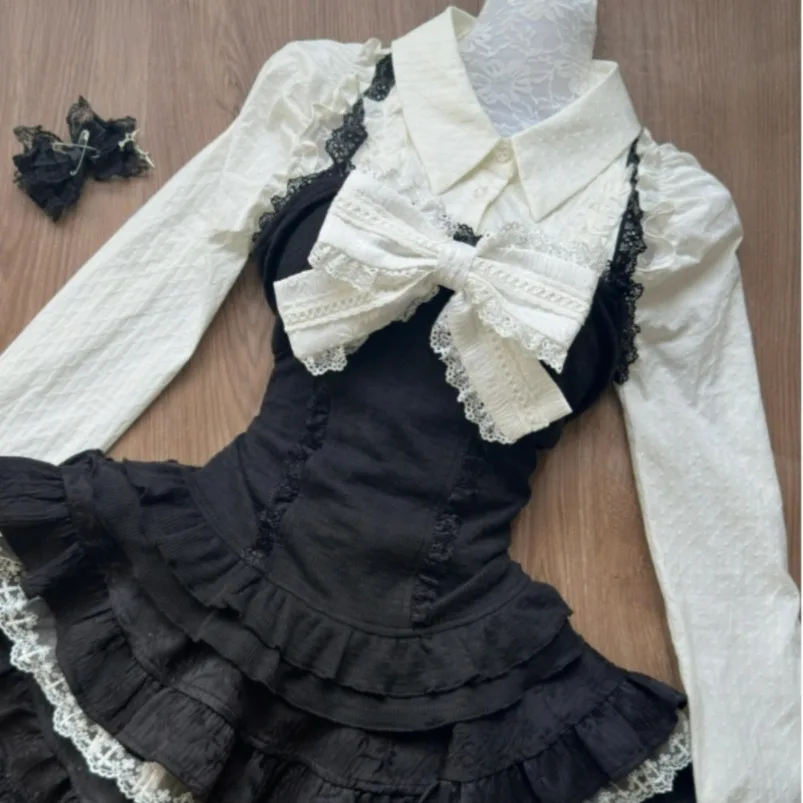 

Y2k Aesthetic Lolita Style Women Kawaii White Shirt Bow Lace Vest Ruffle 3 Piece Set Mini Skirts Japan New Gothic Skirt Suit