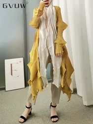 GVUW Pleated Patchwork Irregular Long Trench Coat Women 2024  Autumn New Turn-down Neck Female Elegant Clothing 17D1435