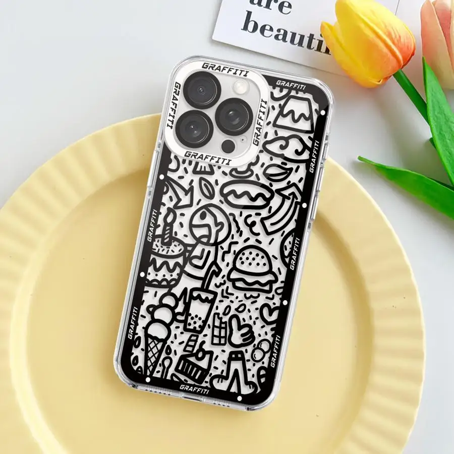 حافظة لهاتف آيفون 16e XR XS 13 12 11 Pro MAX 16 15 14 Plus 7 8 Graffiti باللون الأسود الفاخر