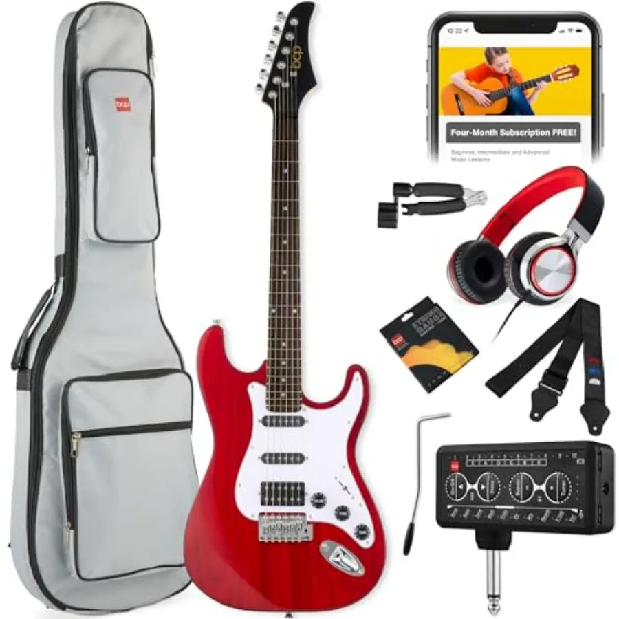 

Beginner HSS electric guitar kit for practice: alder body, black finish, includes headphone amp, padded gig-bag, headphones, an