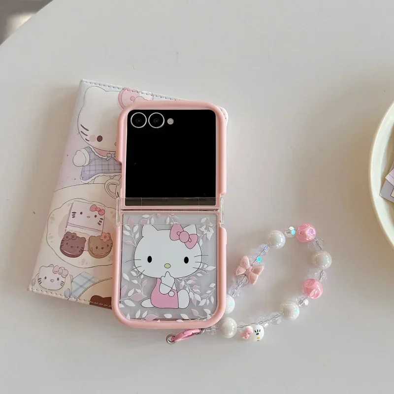 Cute Transparent Pink Flower Hello Kitty Phone Case for Samsung Galaxy Z Flip7 6 5 4 3 Shockproof with Lanyard view 3