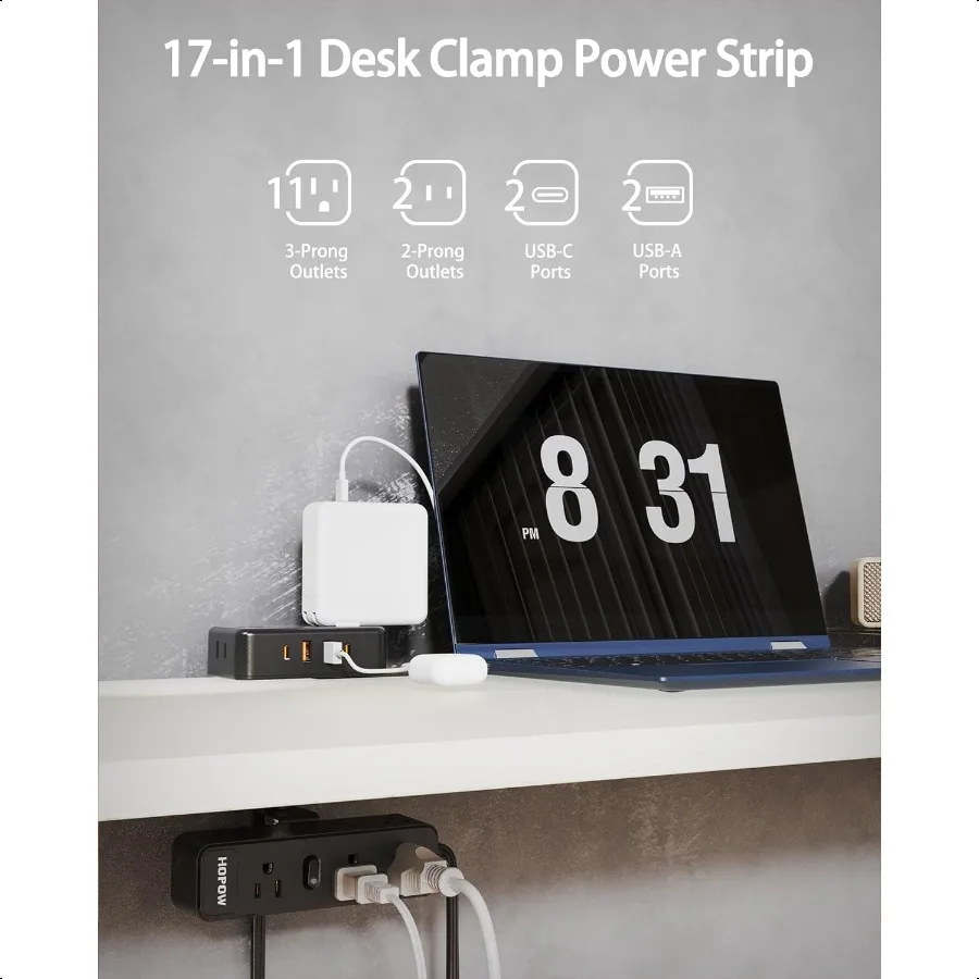 Dual Layer Desk Clamp Power Strip Desktop Edge Mount Charging Station with 13 Outlets 4 USB Ports 2 USB C Under Desk Surge Prot