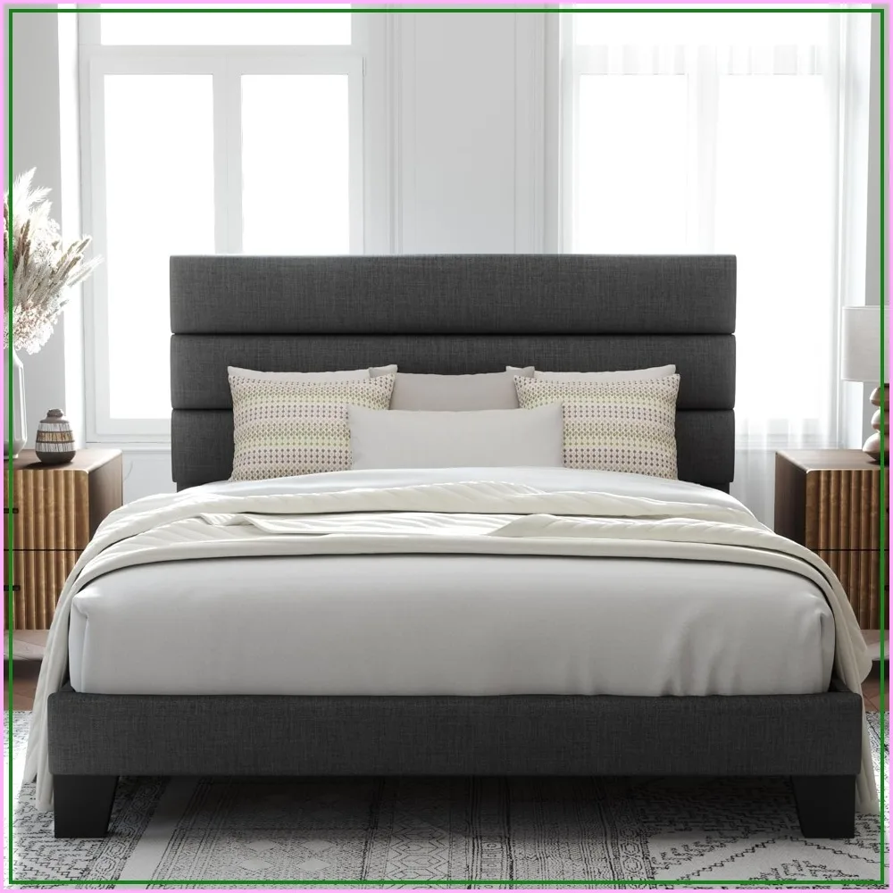 Queen Size Platform Bed Frame with Upholstered Headboard, No Box Spring Needed, Easy Assembly, Dark Grey