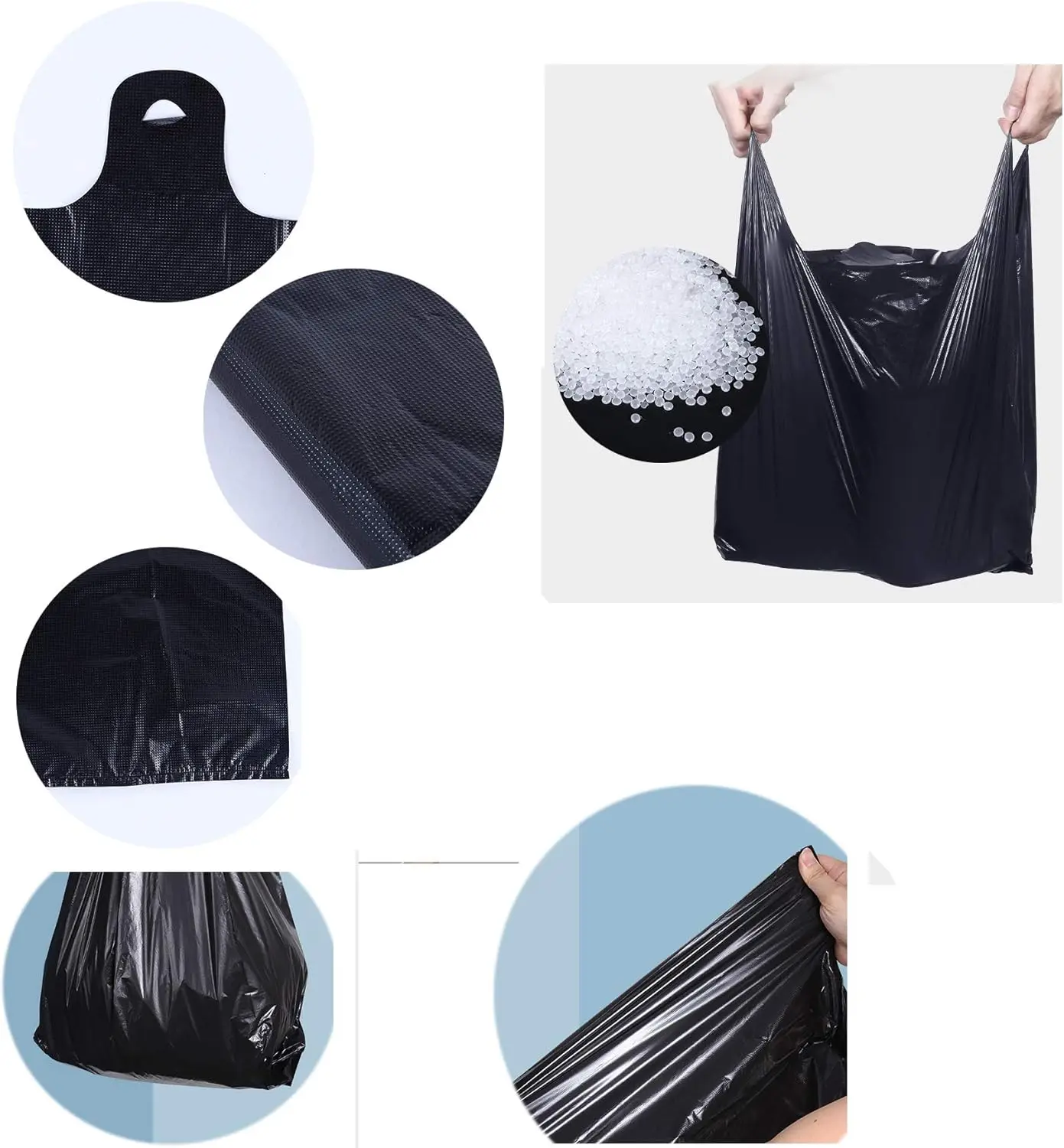 50/100 Stück schwarze Plastiktüten für die Küche, das Wohnzimmer, zur Reinigung, zur Müllentsorgung, zur Aufbewahrung von Müll und für die Verpackung von Take-away-Produkten, mit Tragegriff. – Detail 4
