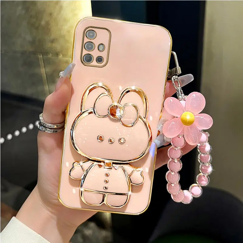 Mirror Rabbit Flower Strap Case For  Motorola Moto G8 G9 G50 G30 G20 G10 G60 G22 G52 G73 G60s E7 Power Stand Cover