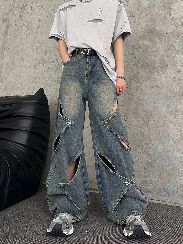 

MARTHENAUT Hollow out Wide Leg Jeans Loose Straight Long Trousers Original Design Sensation Casual Fashionable Denim Pants
