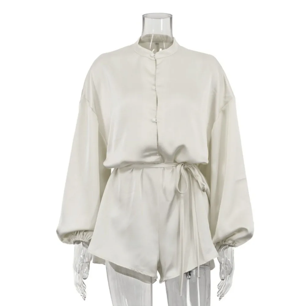 Solid Color Women's Jumpsuit Lace Up Front Drawstring Waist Stand Collar Jumpsuit Single Breasted Beige Color Loose Fit Jumpsuit