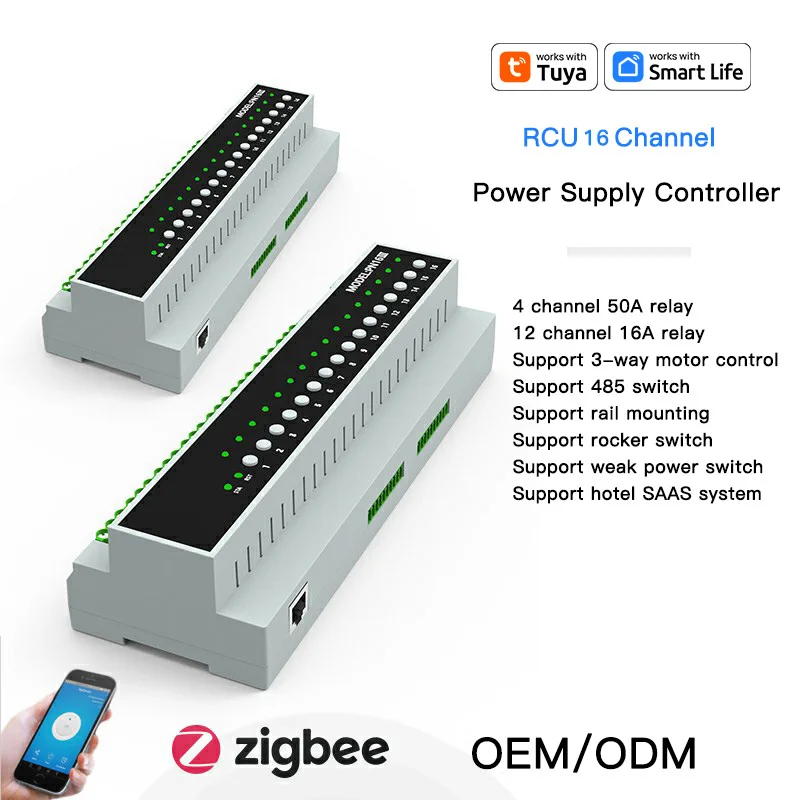 RSH Tuya ZigBee 16 Channel 16A 50A Relay Power Supply Controller WiFi Smart Circuit Breaker Module Support RS485 Switch