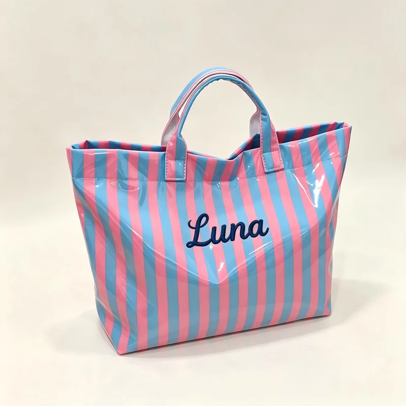 Women's Personalized Embroidered Name Striped Tote Bag Waterproof Large Capacity Shoulder Handbag Work Beach Gift