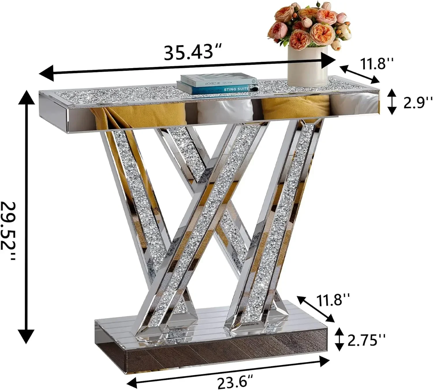 Modern Console Table Mirrored Finished, Glam Style W Silver Entryway Table Inlay with Sparkly Crushed Crystals