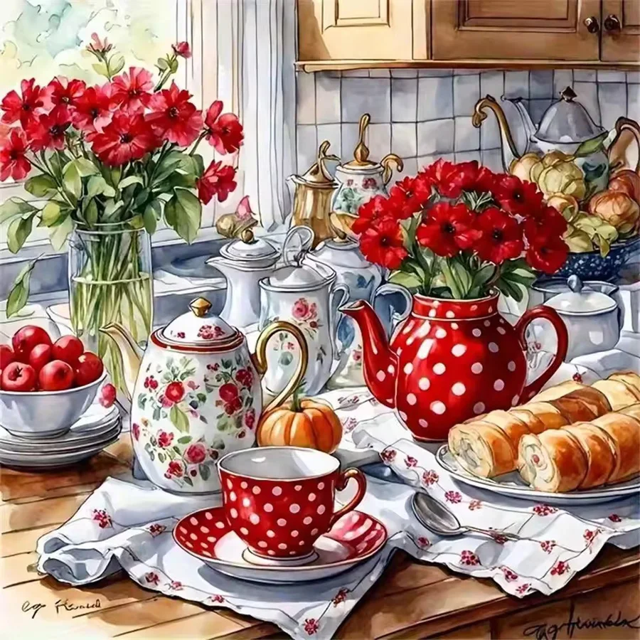 Pintura completa de diamantes 5D tetera con flores imágenes de diamantes de imitación arte mosaico pan frutas cocina pared pintura decorativa