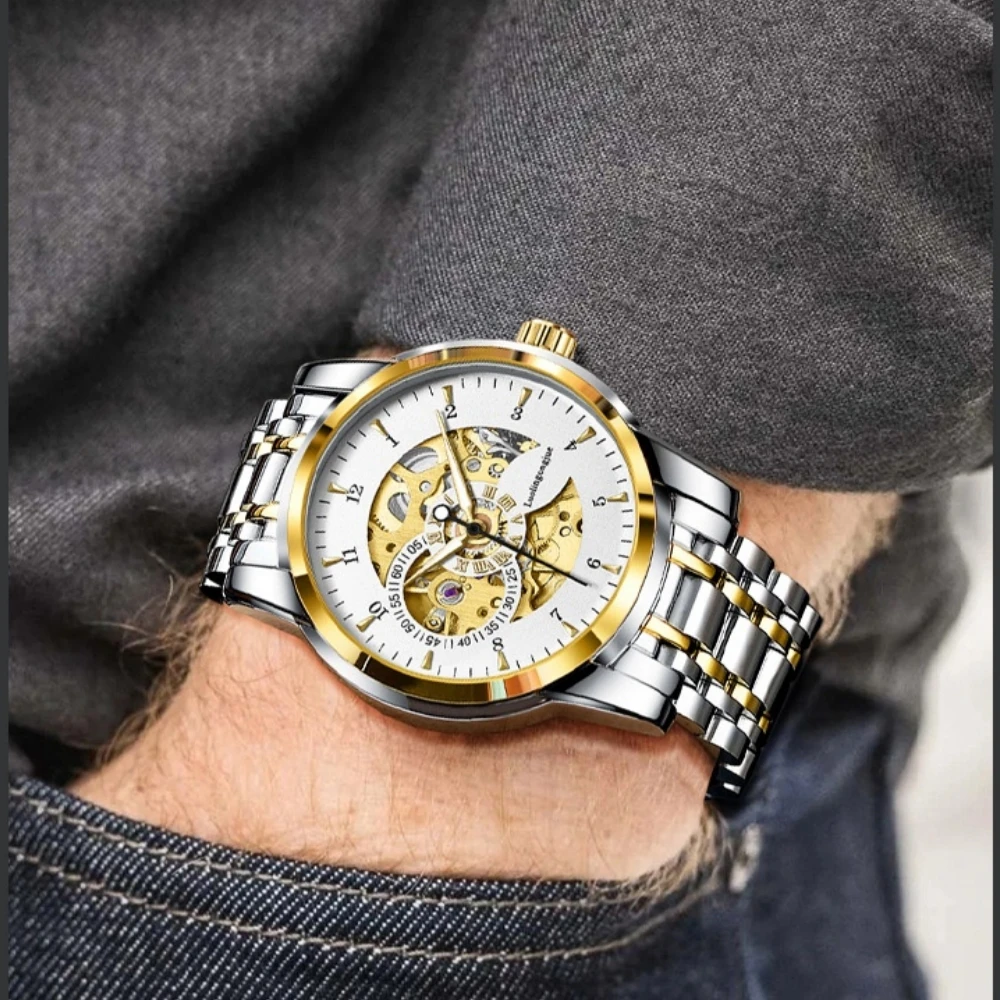 

Мужские модные роскошные деловые спортивные механические часы, водонепроницаемые мужские полые часы со скелетом, часы с автоматическим механизмом для мужчин