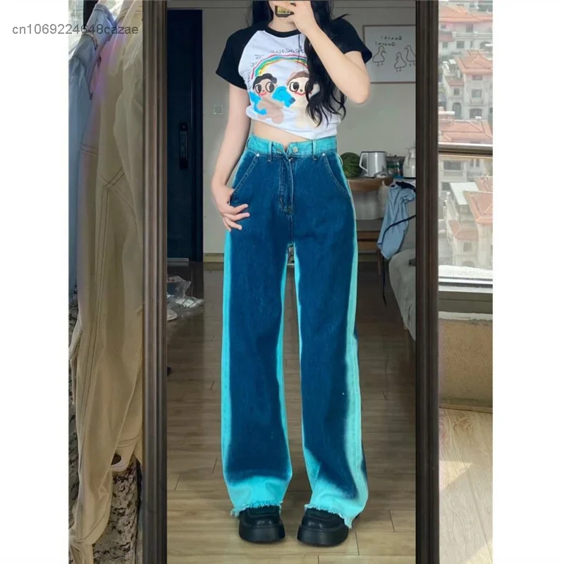 New Fashion Tie Dye Raw Hem Jeans Women's Oversized High Waist Straight Tube Trousers Streetwear Y2k Wide Leg Pants Luxury Jeans