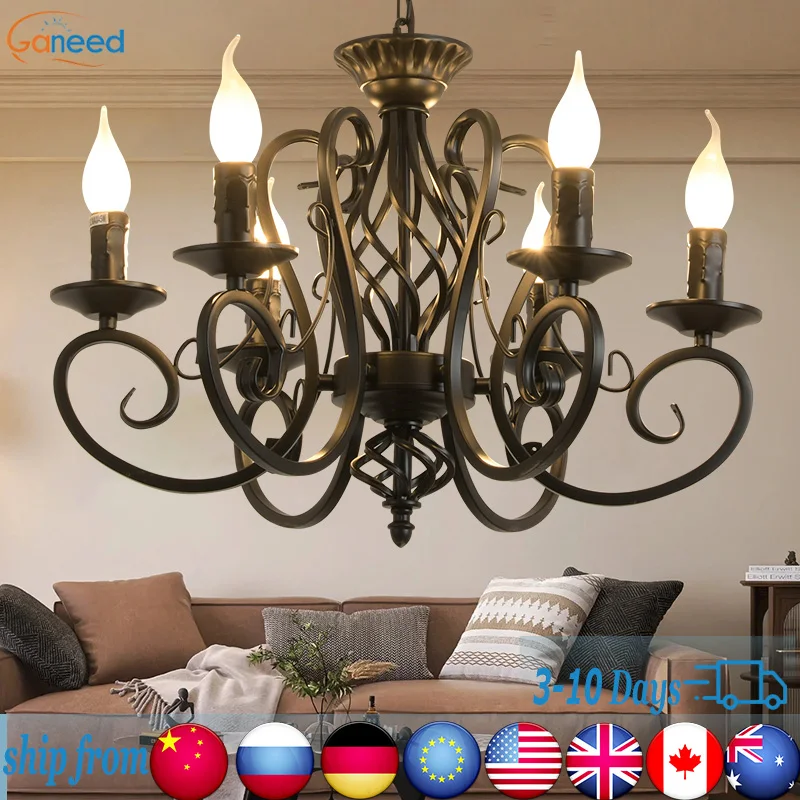 

Iron Candle Retro Chandelier 6 Lights Farmhouse Hanging Chandeliers Lame Vintage Metal Light Fixture For Bedroom Livingroom