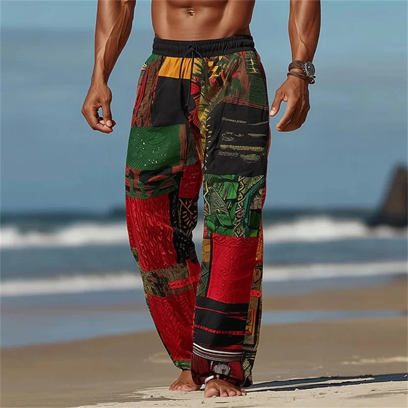Herrenhose in Rotbraun mit Tribal- und Geometrischem Patchwork, Locker Geschnitten, Weites Bein, Lässige Sommerhose für Strand und Alltag mit Kordelzug und Seitentaschen – Detail 4