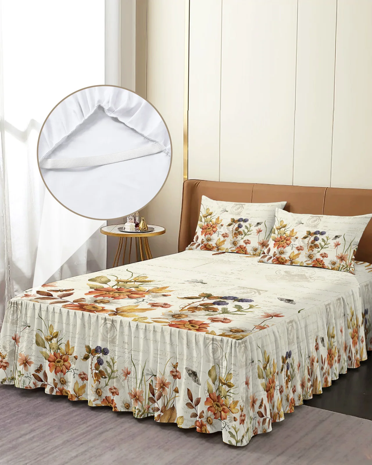 Fall Mushroom Flower Butterfly Dragonfly Bed Skirt Fitted Bedspread With Pillowcases Mattress Cover Bedding Set Bed Sheet