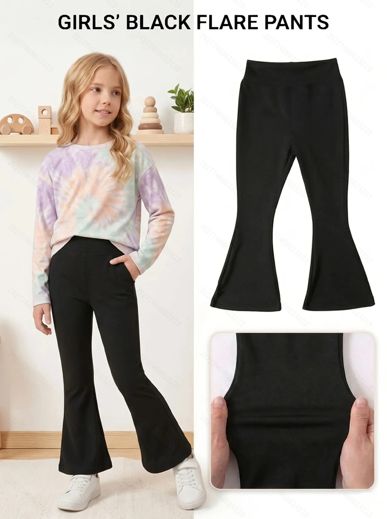 2 Stück Kinder-Hosen mit hoher Taille und ausgestelltem Bein, 3–11 Jahre, einfarbig, weich, dehnbar, elastisch, für Mädchen, für Schule, Freizeit, Alltag, Sommerkleidung – Detail 3