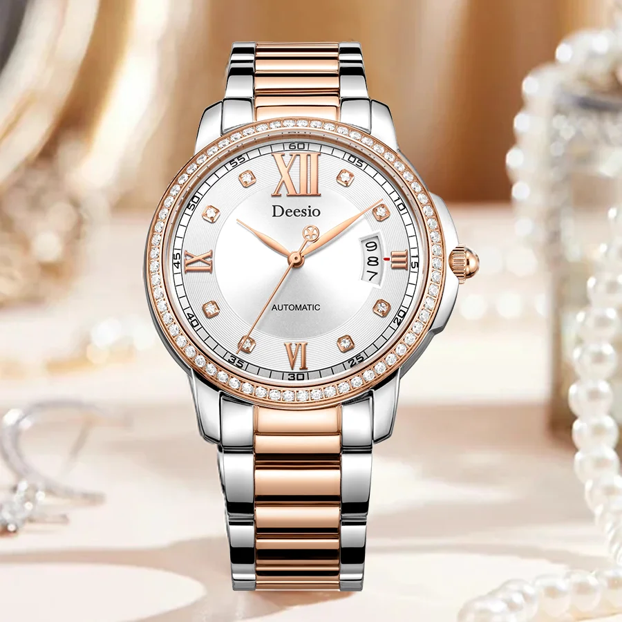 DEESIO-Montre de Luxe en Acier Inoxydable pour Femme, Mouvement Mécanique existent, Calendrier Classique, Mode Décontractée, Étanche, Cadeau