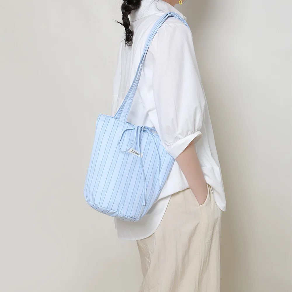 

Striped Canvas Bag Lazy Wind Cloth Bucket Japanese College Literary and Artistic Shoulder Tote Bag