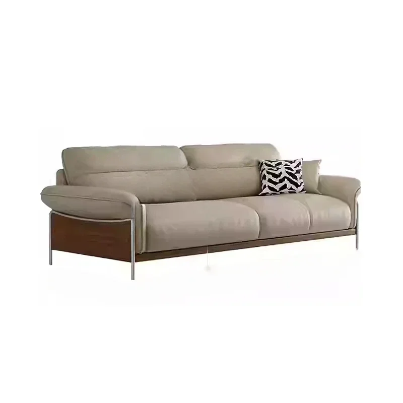 A  Medieval leather Italian minimalist straight row sofa retro double small apartment living room first layer cowhide sofa