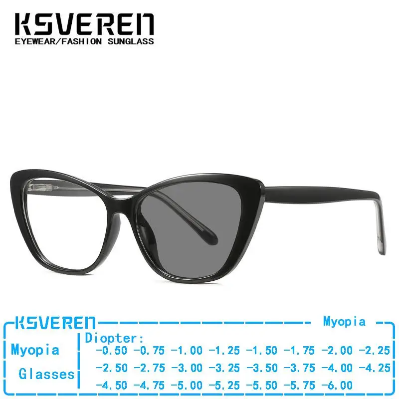 KSVEREN Cat Eye Photochromic Myopia Sunglasses For Women Fashion High Quality Nearsighted Glasses 0 -0.5 -1.75 -2.25 -4.75 -6.0