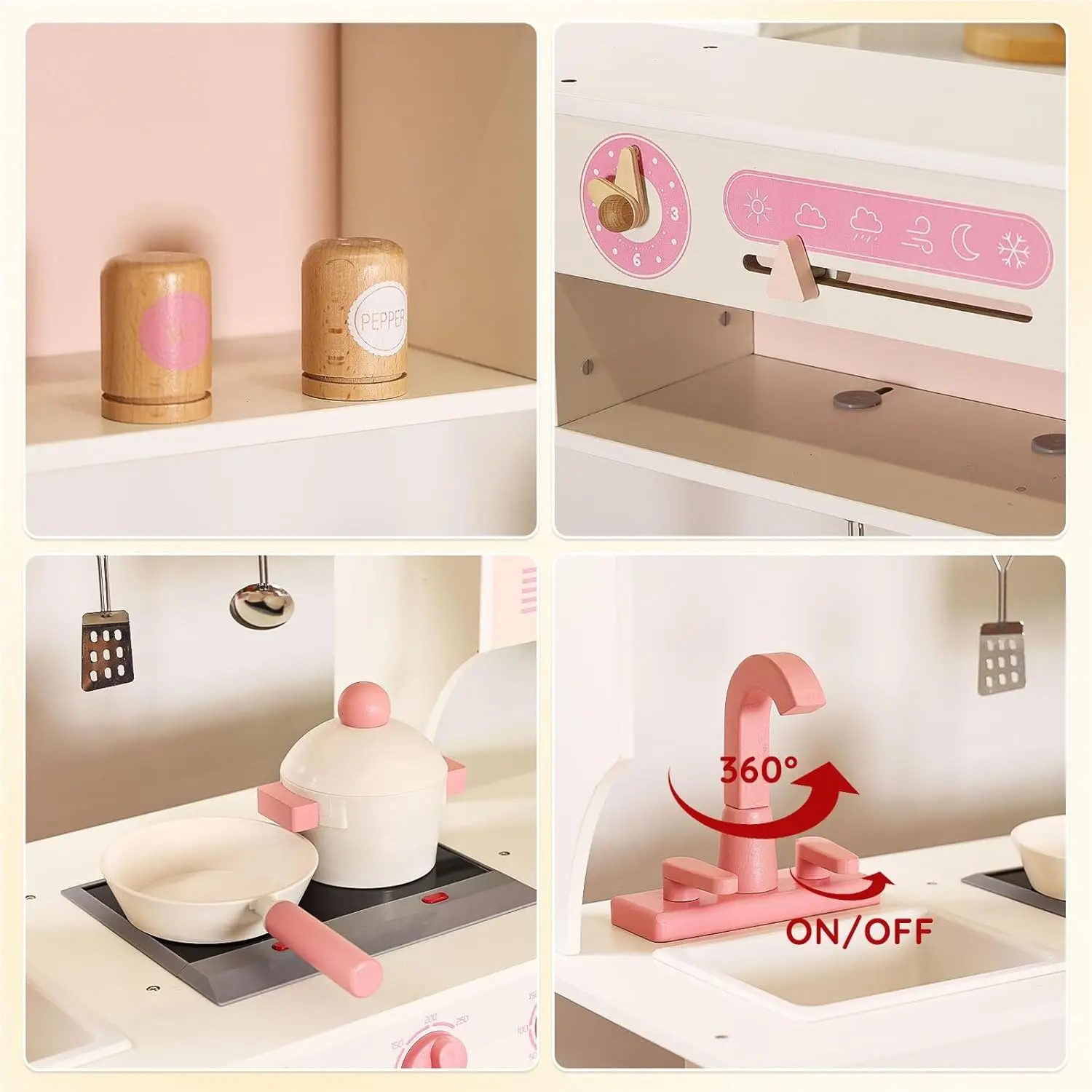 ห้องครัวของเล่นสำหรับเด็ก, ชุดของเล่นครัวไม้พร้อมไฟและเสียง, เครื่องทำน้ำแข็ง, เตาอบและอ่างล้างจาน, ห้องครัวของเล่นสไตล์บ้านทันสมัย, ของขวัญ