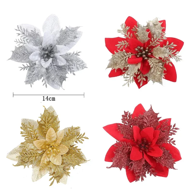 5 قطع بريق البونسيتة زهور عيد الميلاد الاصطناعية الحلي لزينة شجرة عيد الميلاد وهمية الزهور رئيس زينة عيد الميلاد #3