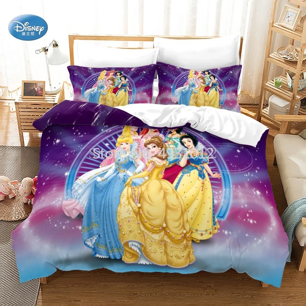 Snow White Cinderella Ariel Belle Cartoon Pattern Bedding Set Disney Princess Duvet Cover Pillowcase Twin Queen King Size 3pcs