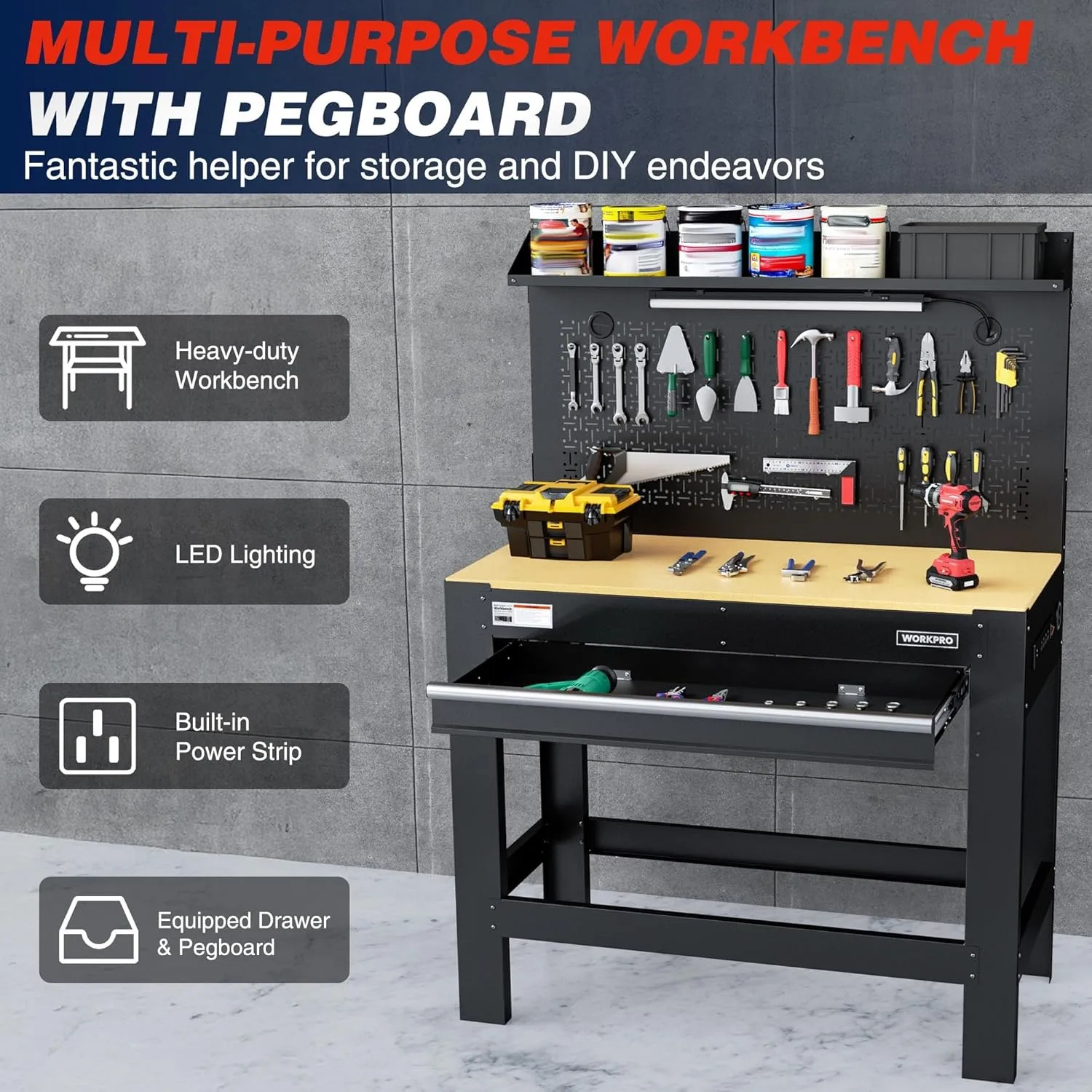 45" Heavy-Duty Workbench with Storage 800 LBS Work Bench For Garage