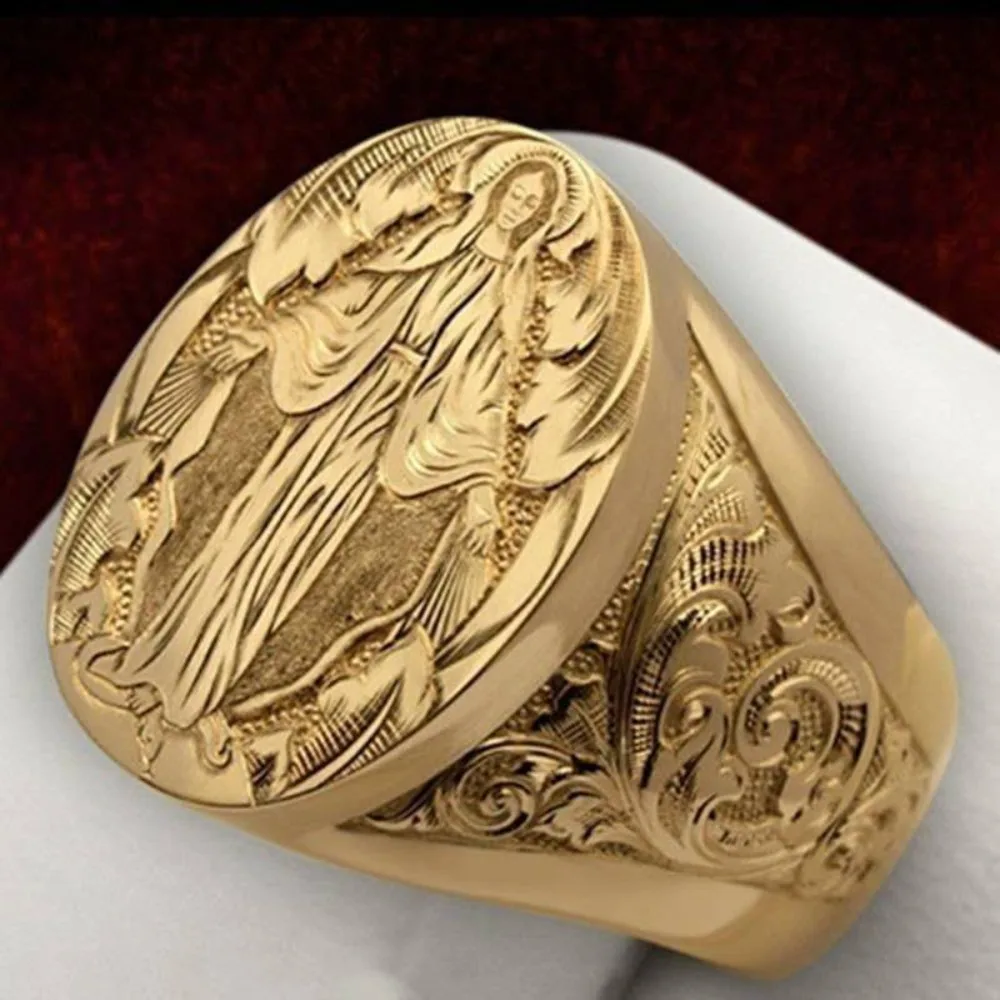 A Creative Virgin Mary Blessing Handpiece Emblem Ring with Gold Plated European and American Style Couple Festival Gift