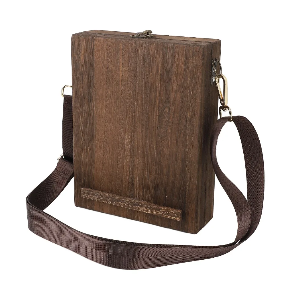 Vintage Carbonized Brown Wooden Messenger Bag Wood Handmade Artists Storage Box Writing Box