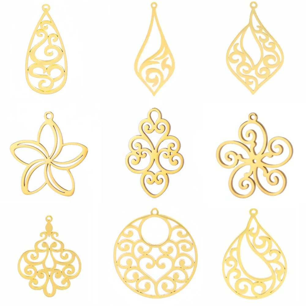 EUEAVAN 5pcs Bohemian Flower Filigree Flower Pendant for Necklace Earrings Stainless Steel Charms Women Jewelry Making Supplies