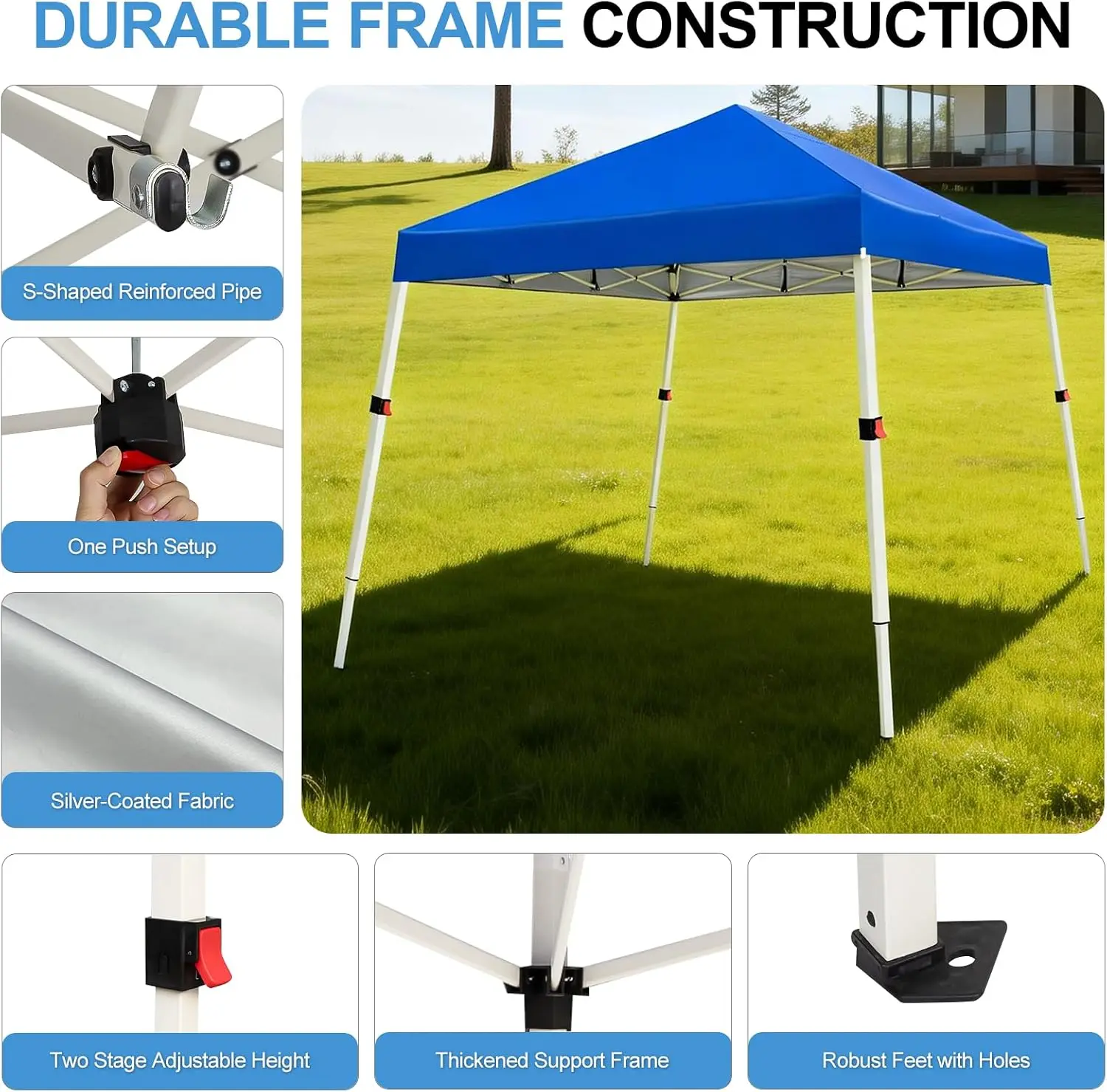 10x10 Slant Legs Pop Up Canopy Tent, 1-Button Push Setup Canopy Tent, Adjustable Height Instant Portable Shelter, Protable Backpack, Easy Outdoor Sun Shade for Events, 8x8 Top, Blue