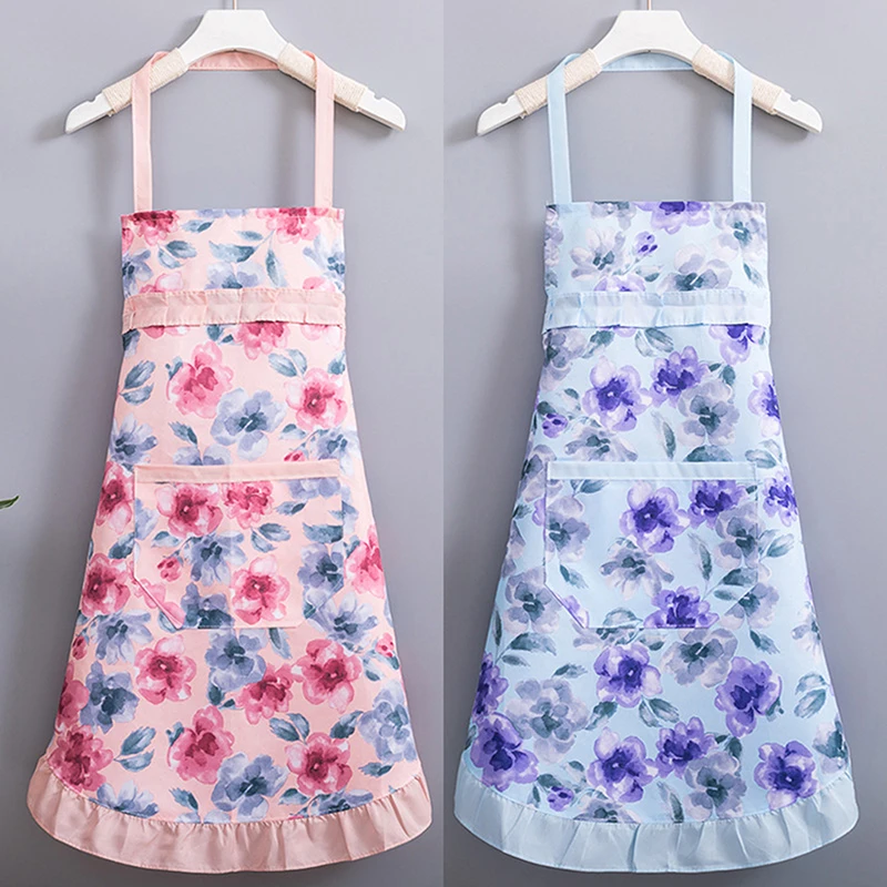 Cotton Canvas Floral For Women'S Kitchen Oilproof Apron With Pockets And Adjustable Waist Belt Waterproof Sleeveless Bib Apron