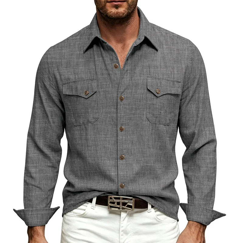 Plus Size Linen Double Pocket Lapel Long Sleeve Shirt Men's Solid Casual Button Top